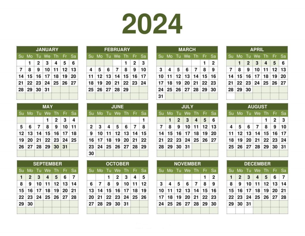 2024 printable Calendar Green