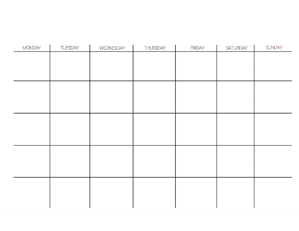 Blank Calendar Word 5 Rows Monday Start