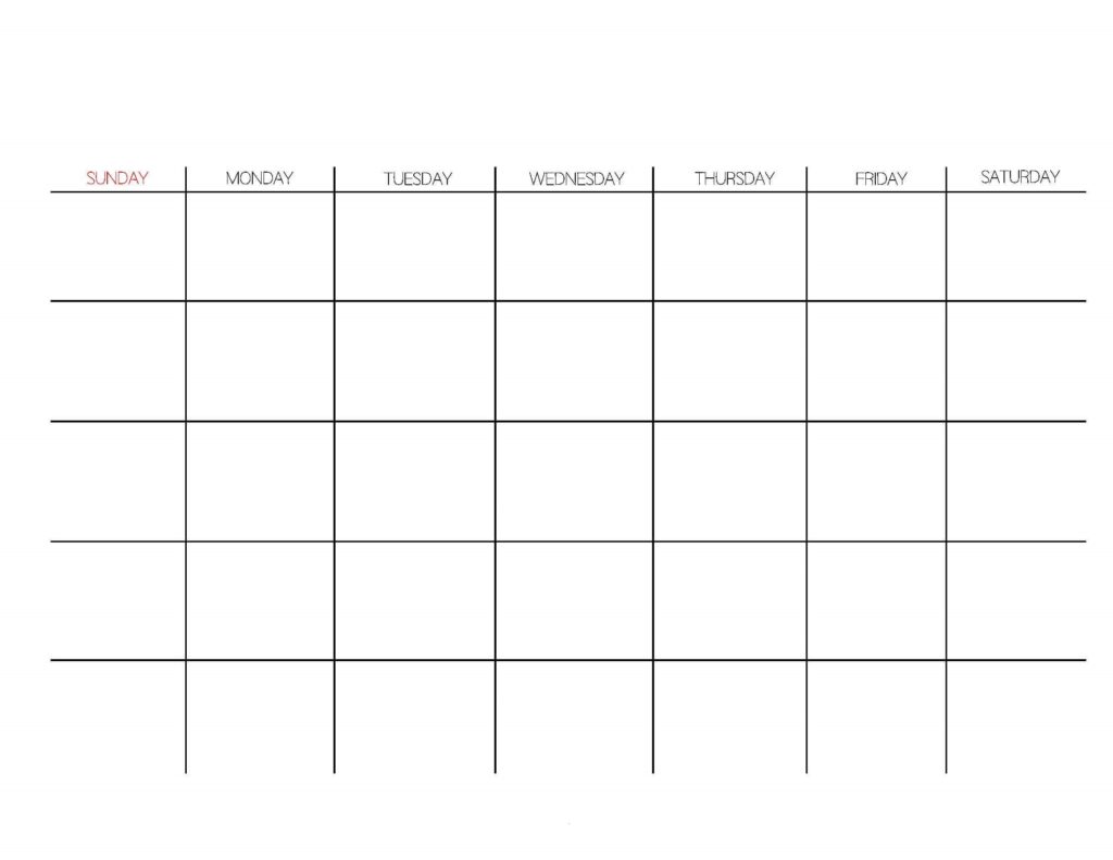 Blank printable Calendar Word 5 Rows Sunday Start