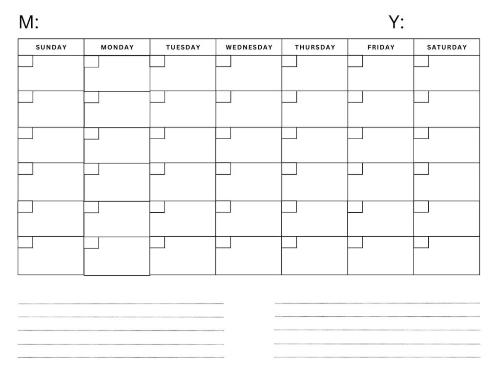 Blank Calendar with Notes and Checkboxes