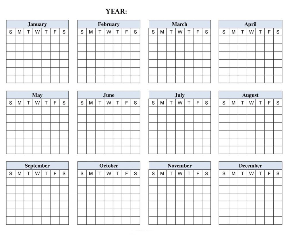 Blank Year at a Glance Calendar