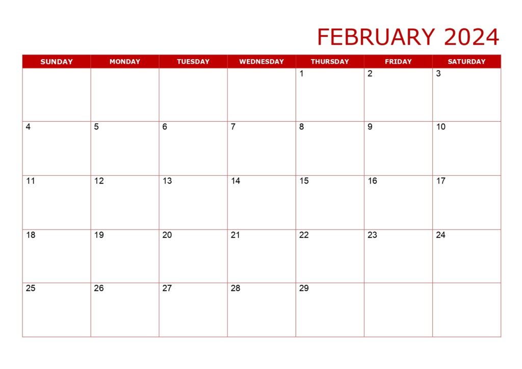 2024 Calendar for February Red