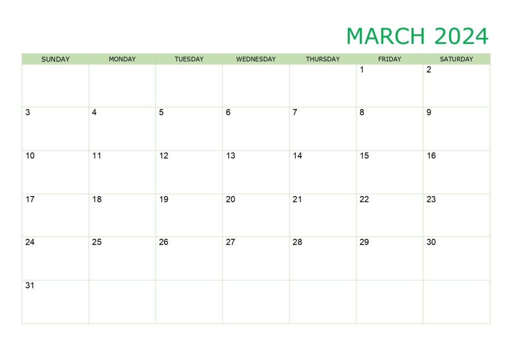 March 2024 generic calendar green