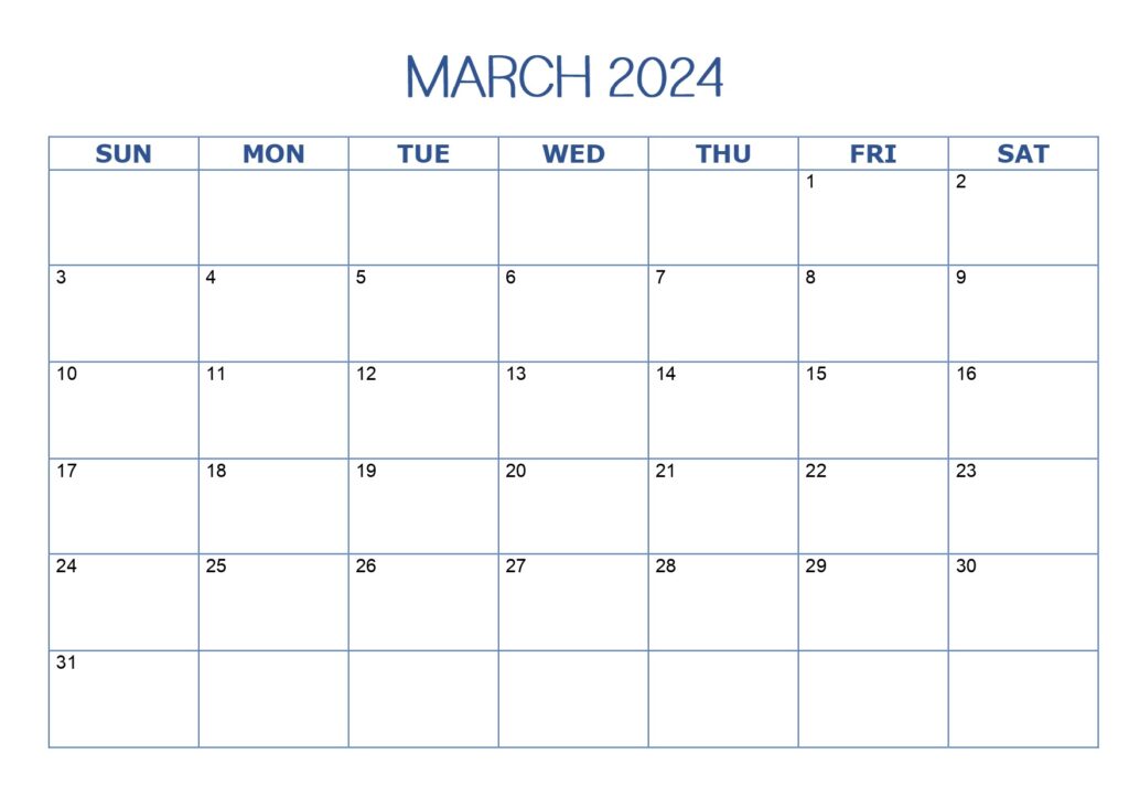 March 2024 minimalist calendar blue
