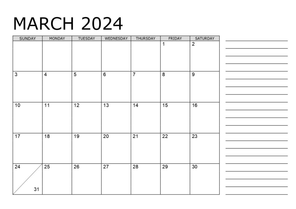 March 2024 calendar wtih notes