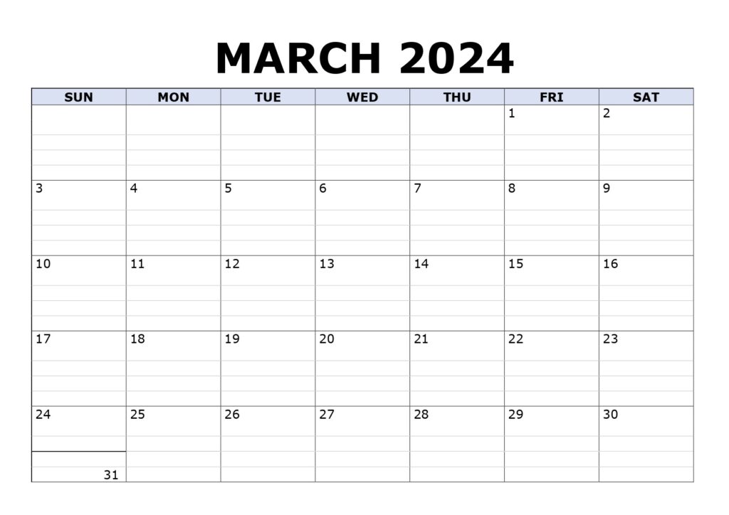 March 2024 lined calendar Sunday start