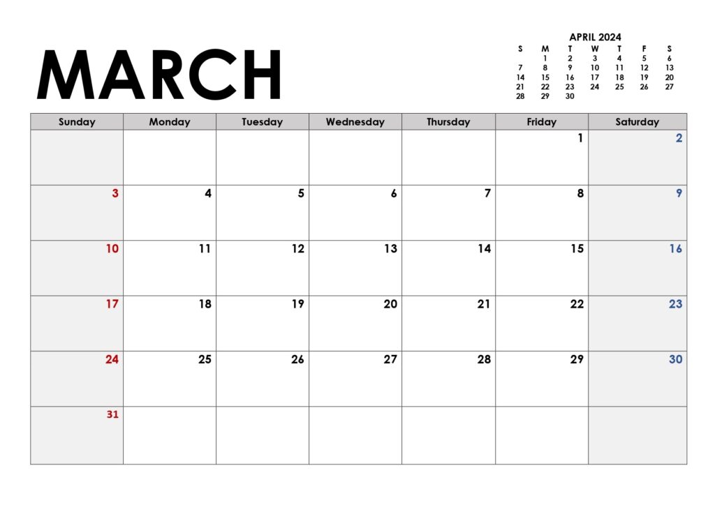 March 2024 calendar with highlighted weekends