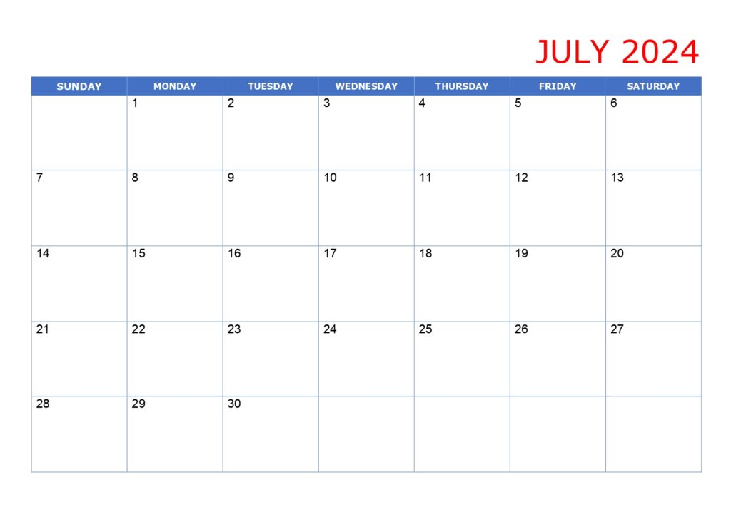 July 2024 colored calendar