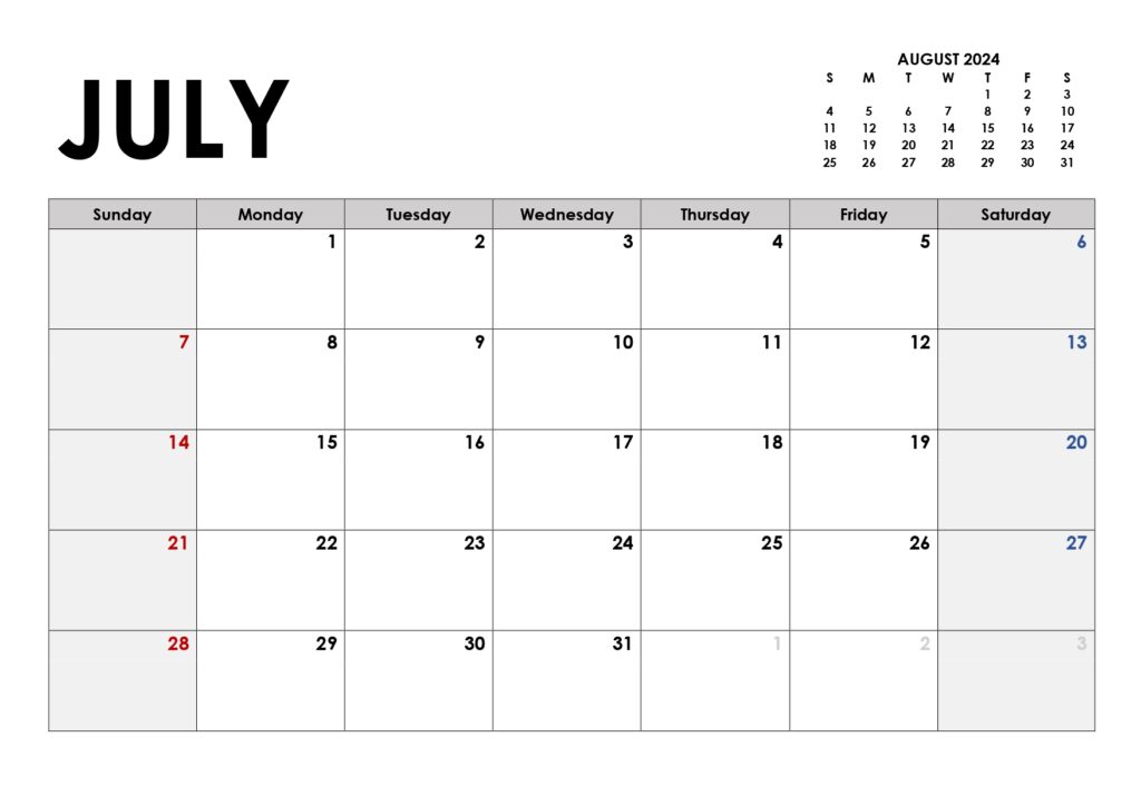 July 2024 calendar with highlighted weekends