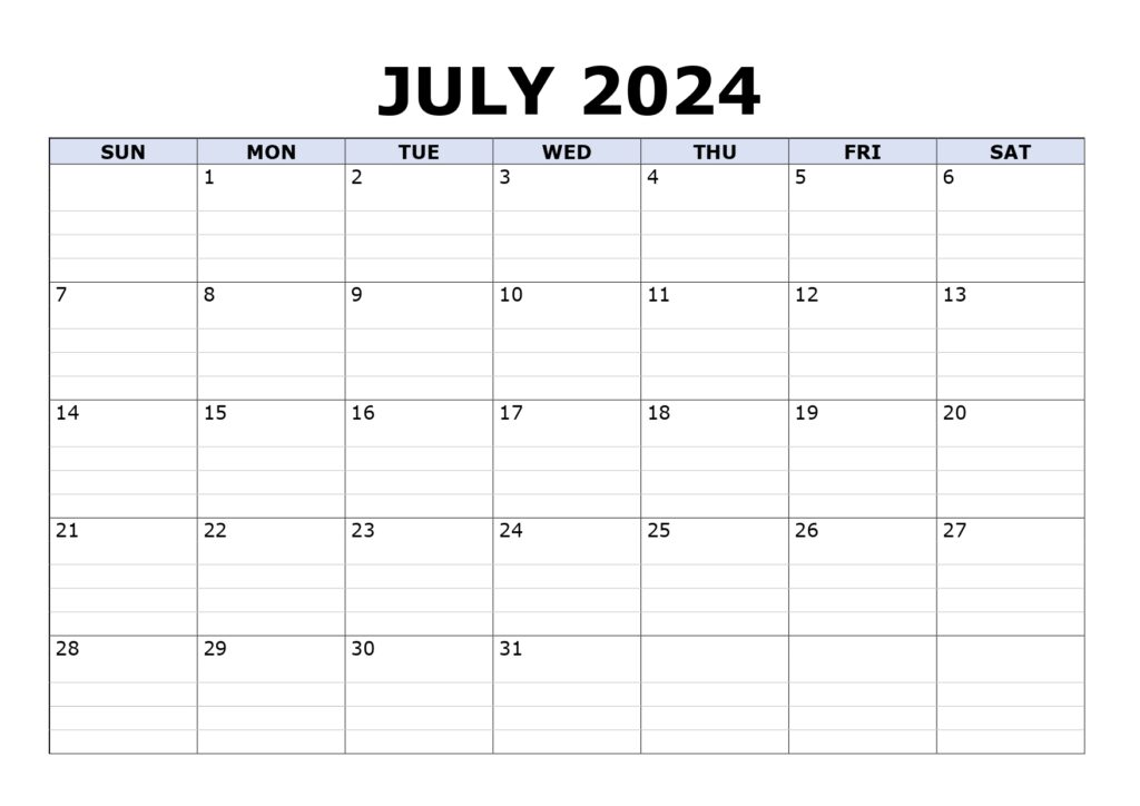 July 2024 lined calendar landscape