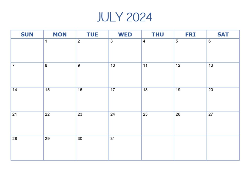 July 2024 minimalist calendar blue