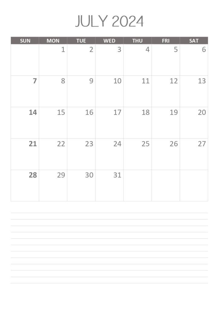 July 2024 planner calendar portrait