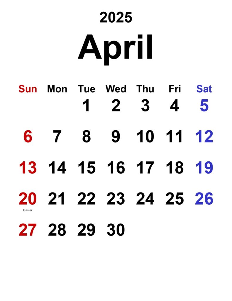 April 2025 calendar portrait, classic design - Get Free Printable Calendar