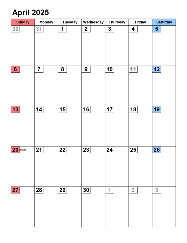 April 2025 calendar portrait, small numerals - Get Free Printable Calendar