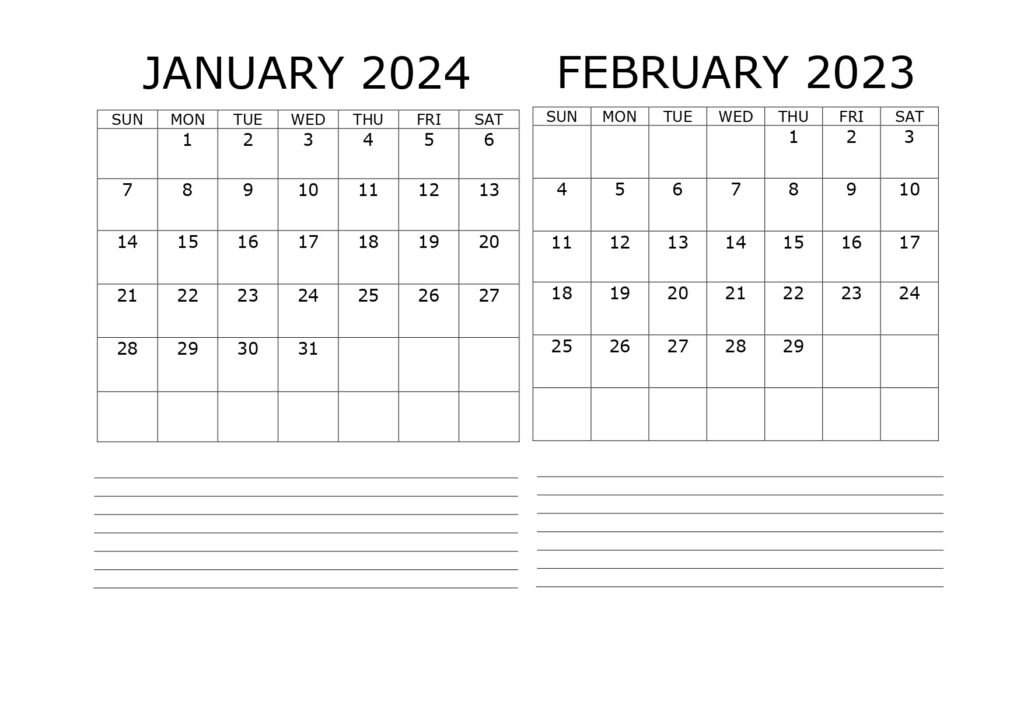 Jan Feb Calendar with notes