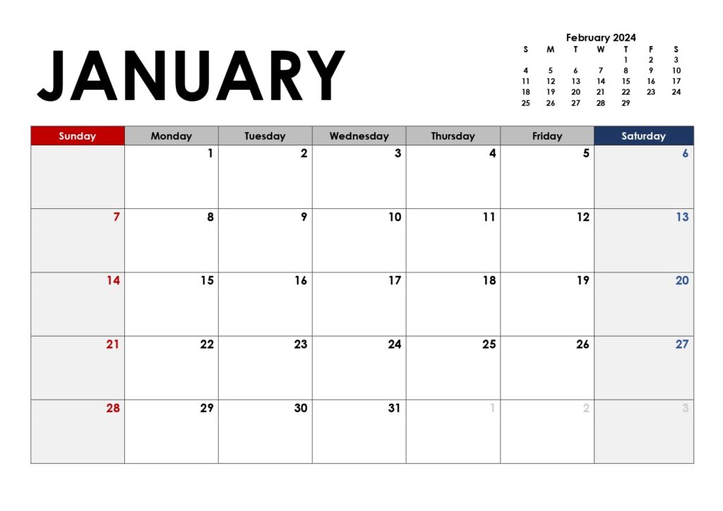 January 2024 Calendar with February Overview