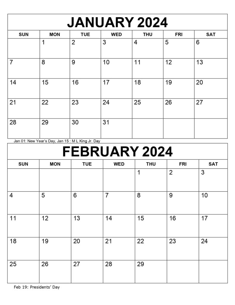 Jan Feb Calendar with holidays