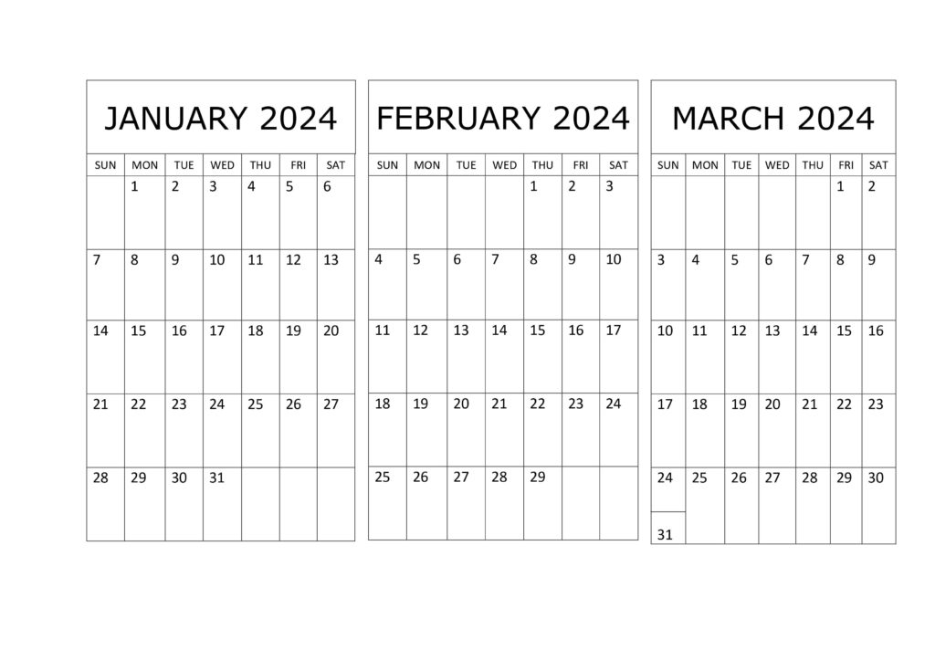 Jan to Mar 2024 Calendar landscape