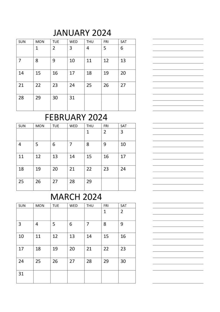 Jan Feb Mar Calendar with notes portrait