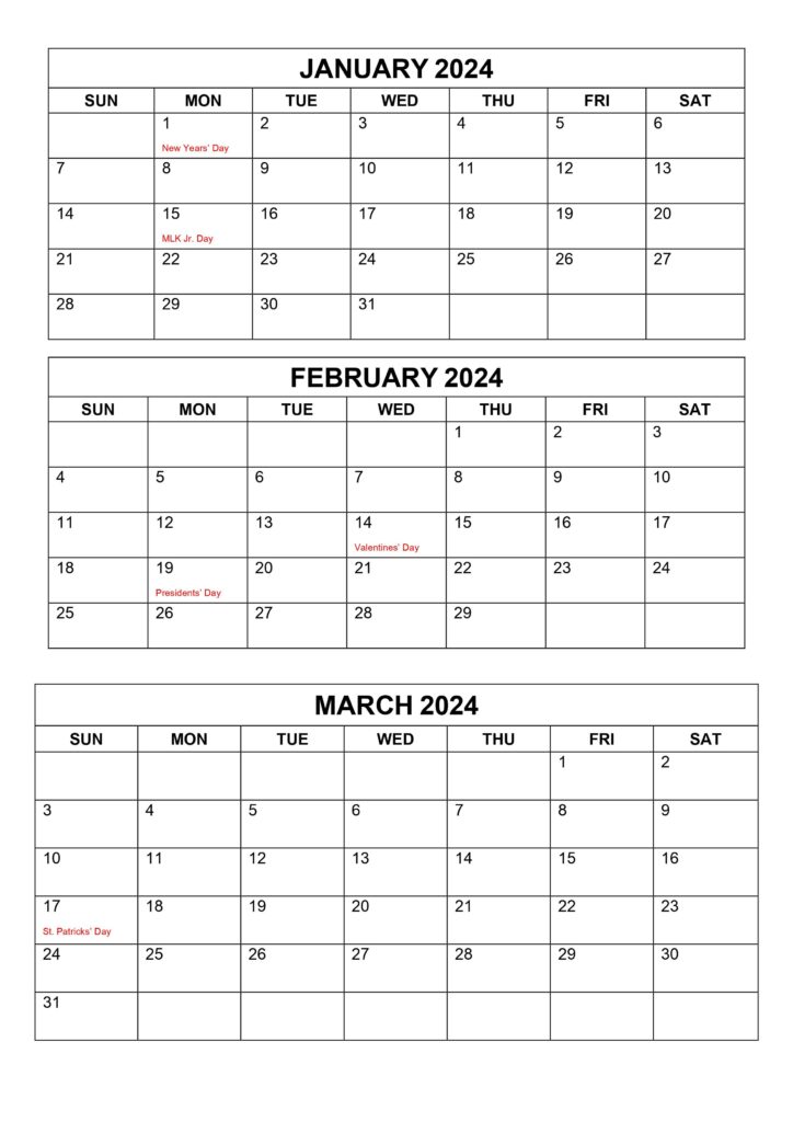 Jan Feb Mar 2024 Calendar with holidays