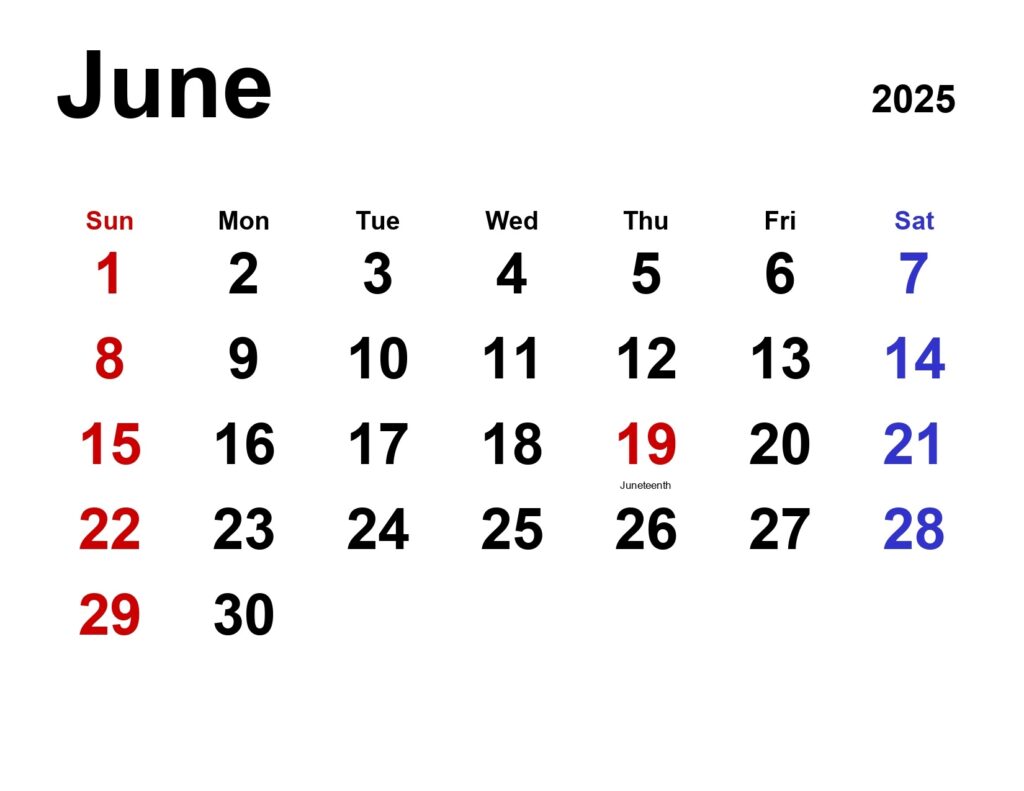 June 2025 calendar landscape, classic design -Get Free Printable Calendar