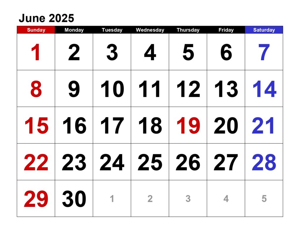 June 2025 calendar landscape, large numerals - Get Free Printable Calendar