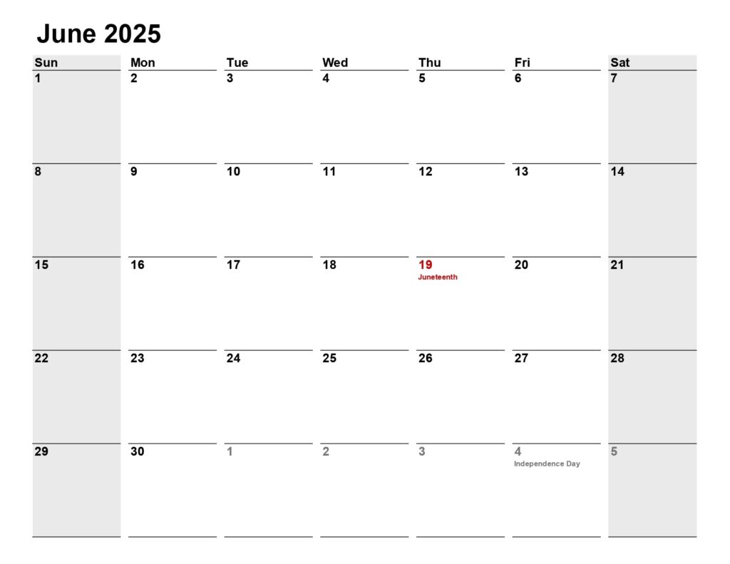 June 2025 calendar landscape, minimalist - Get Free Printable Calendar