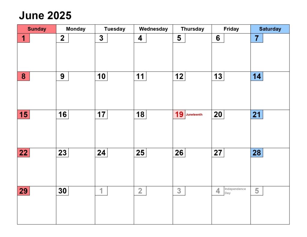 June 2025 calendar landscape, small numerals - Get Free Printable Calendar