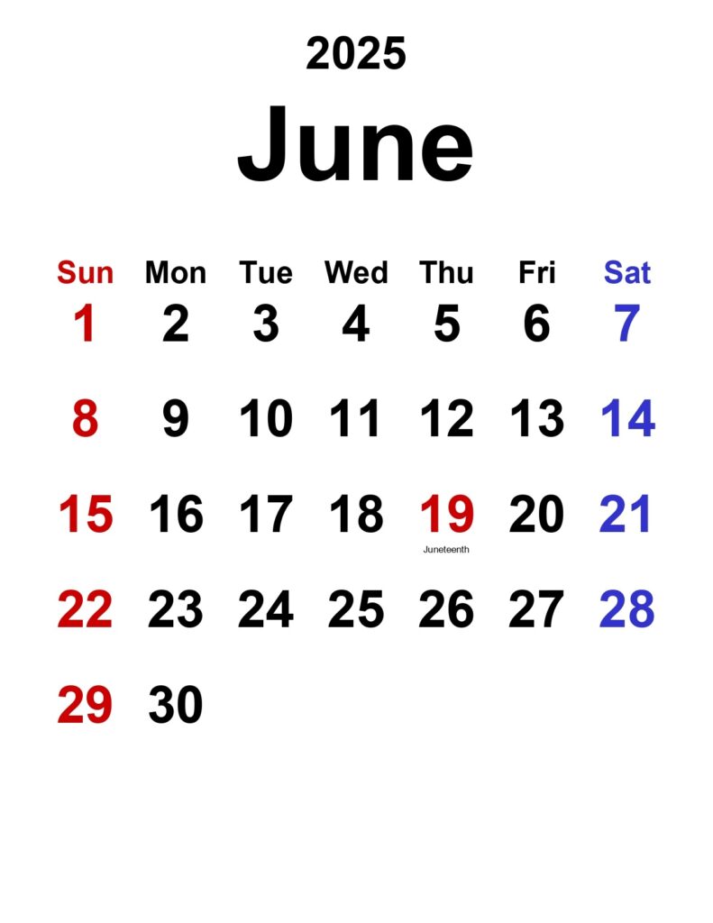 June 2025 calendar portrait, classic design - Get Free Printable Calendar