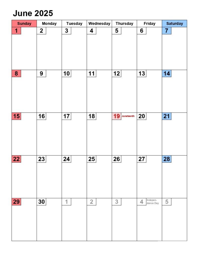 June 2025 calendar portrait, small numerals - Get Free Printable Calendar