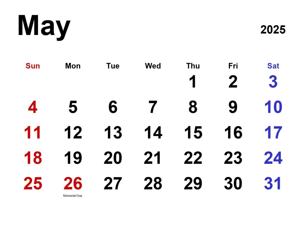 May 2025 calendar landscape, classic design - Get Free Printable Calendar
