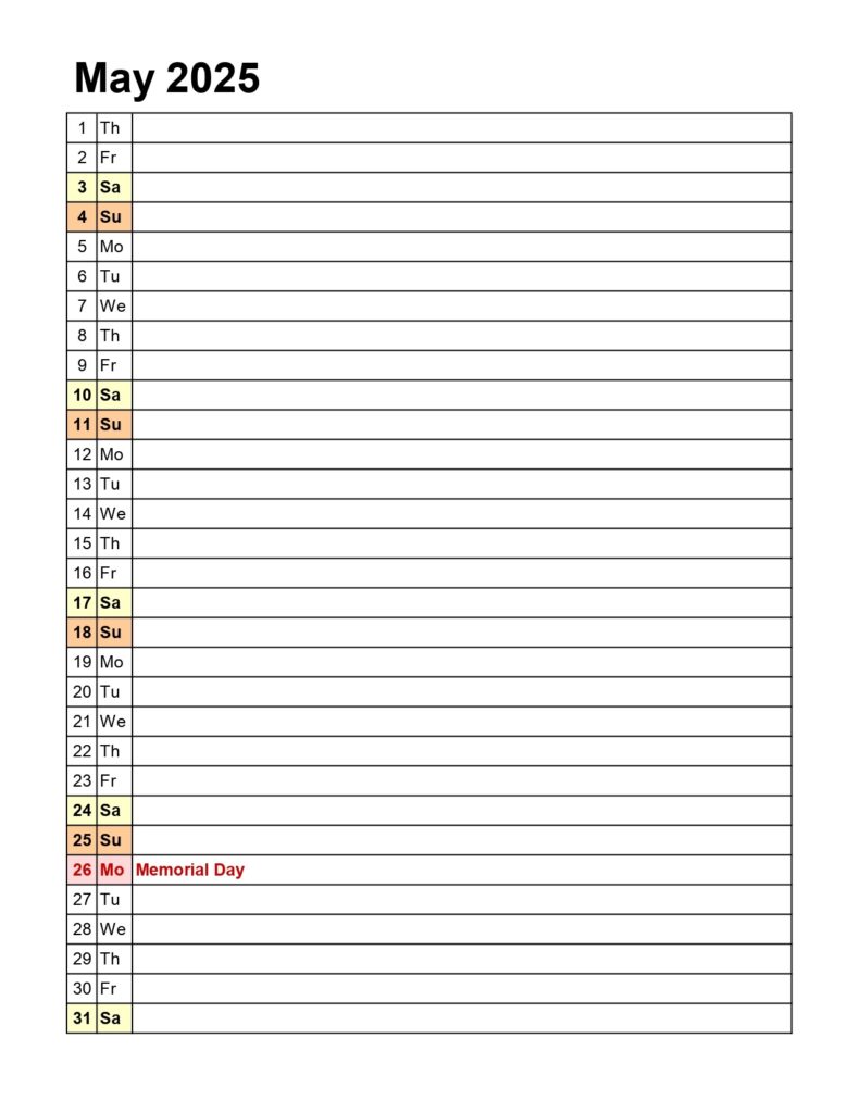 May 2025 calendar portrait, list view (days vertical)- Get Free Printable Calendar