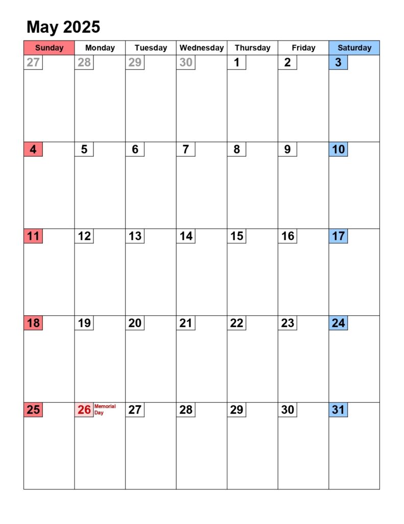 May 2025 calendar portrait, small numerals - Get Free Printable Calendar