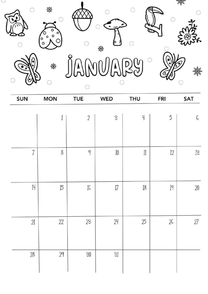 January Calendar winter coloring
