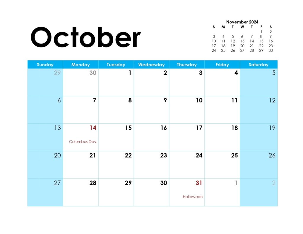 landscape layout October 2024 calendar with holidays