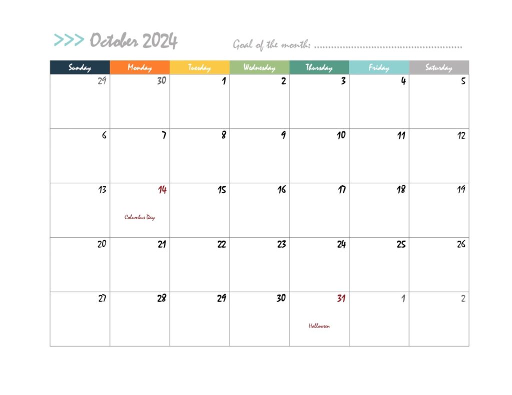 printable October 2024 planner template with public holidays