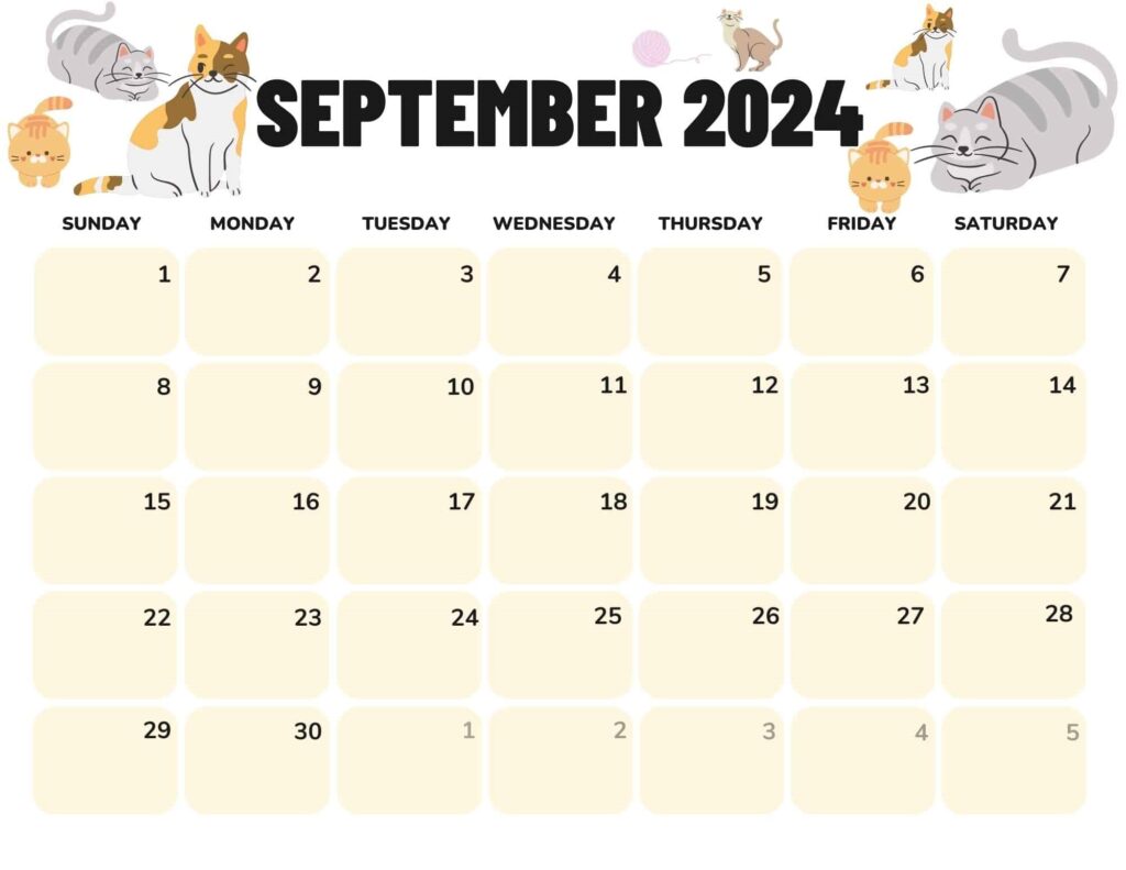 September 2024 Calendar Printable Cats Landscape