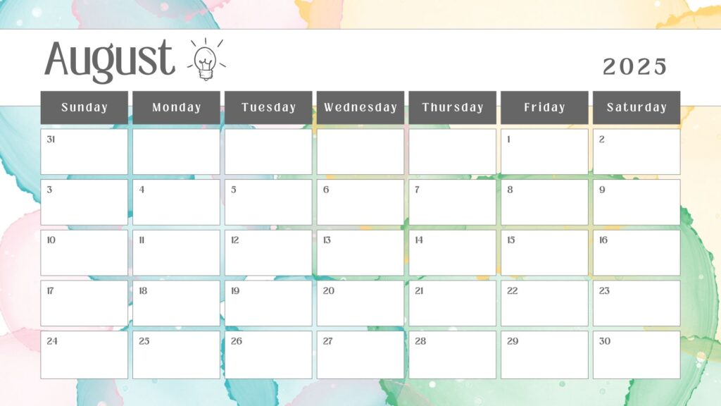 August 2025 Teacher Calendar in Simple Pastel Watercolour Style