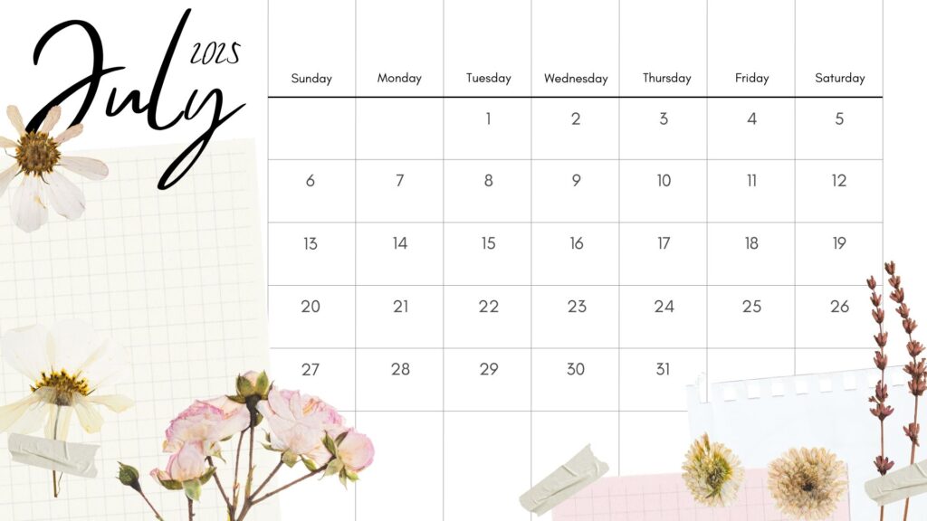 Beige Dried Pressed Flowers Planner 2025 July Monthly Calendar