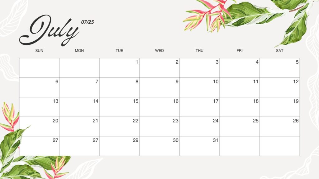 Beige Green Tropical Illustrated July 2025 Monthly Calendar