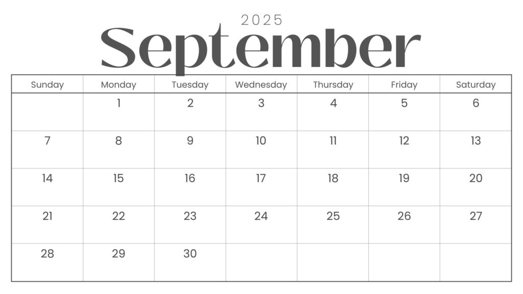 Black and White Elegant Minimalistic September 2025 Monthly Calendar