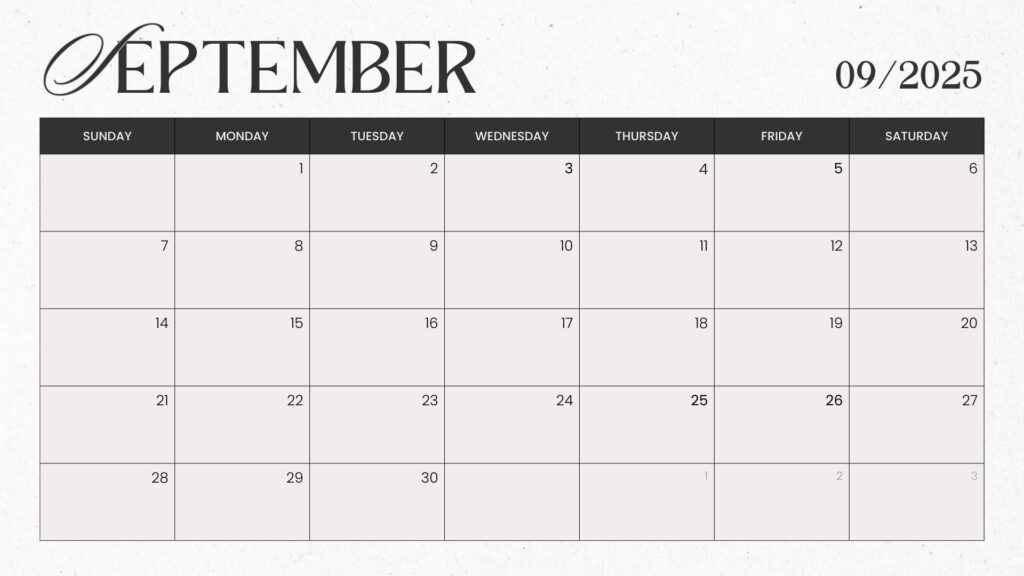 Black and White Modern Minimalist September 2025 Monthly Calendar