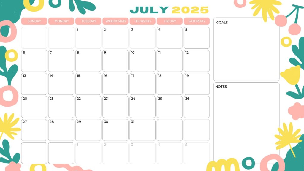 Green Yellow Pink Modern Illustration Patterned Floral July 2023 Monthly Calendar