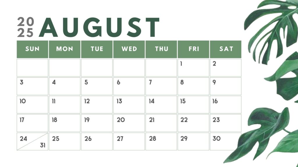Green and White Minimalist August 2025 Calendar