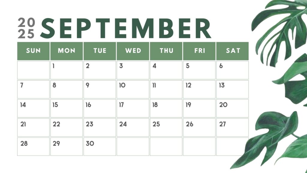 Green and White Minimalist September 2025 Calendar