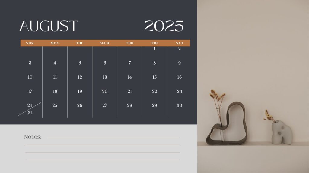 Grey Modern Minimalist Personal August 2025 Calendar