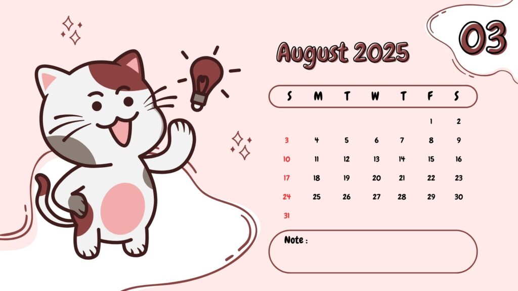 Maroon Yellow and White Cute Cat Illustrated Calender 2025 Calendar