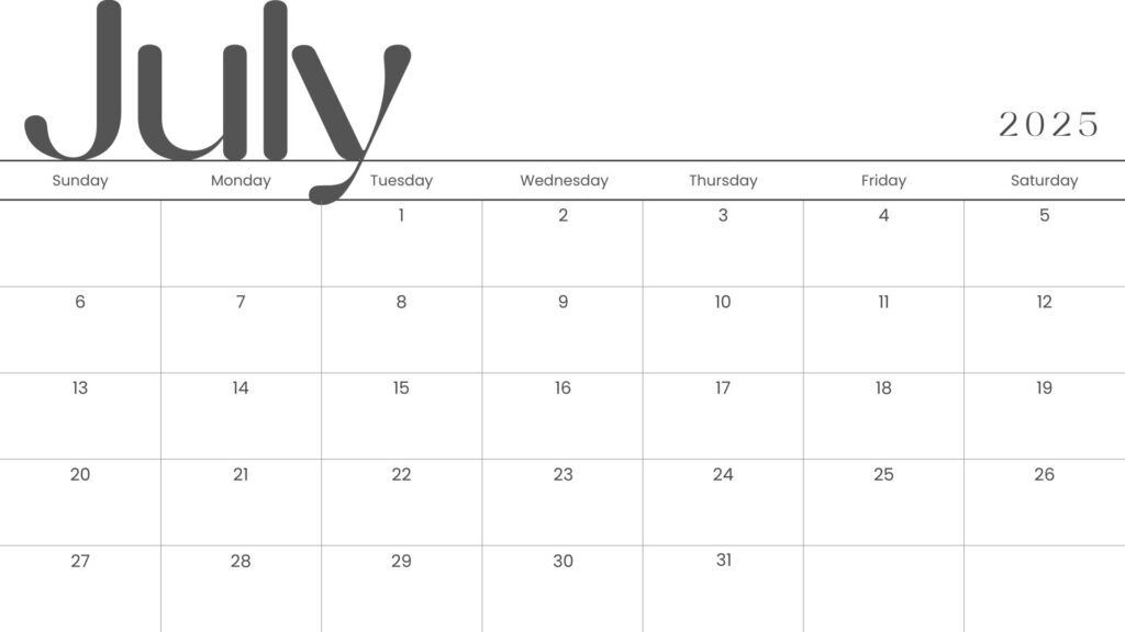 Modern Minimalistic Monthly Planner July 2025 Calendar