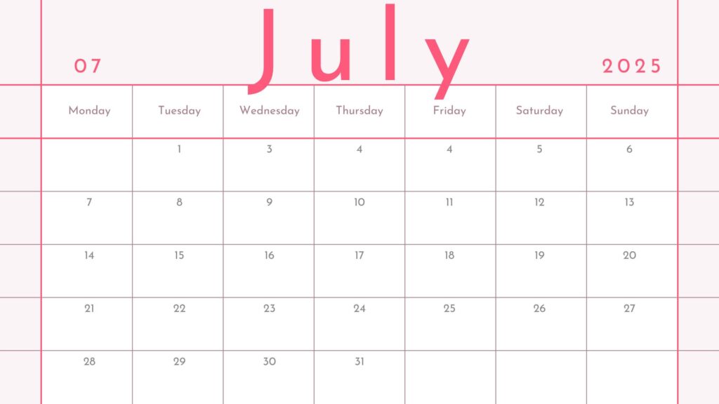 Pink Simple Minimalistic 2025 Planner July Monthly Calendar