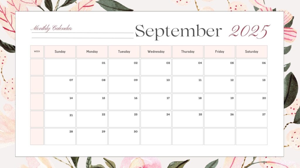 Pink and White Elegant Floral September 2025 Monthly Calendar
